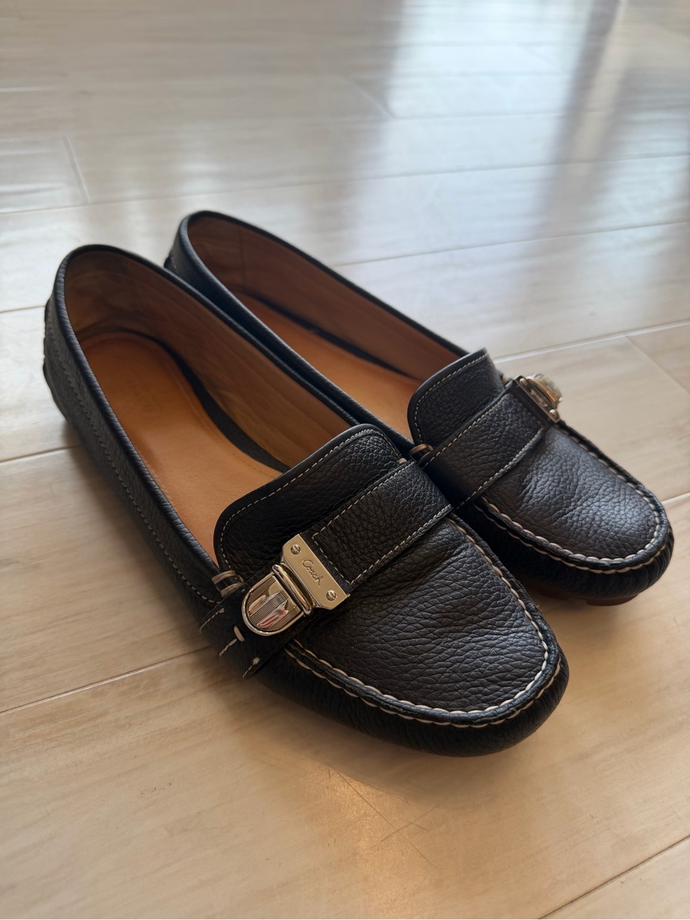 Women's Coach Black Leather Loafers with Metal Accent